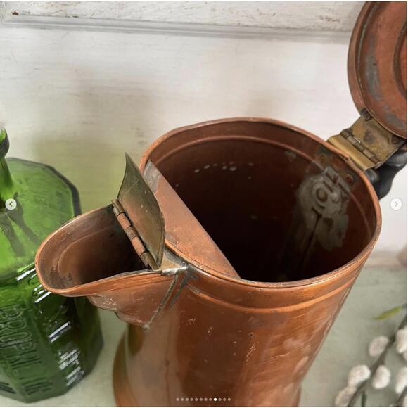 Vintage Copper Brass Cowboy Coffeepot Wood Handle Knob Brass Hinge Spout Cover - Picture 8 of 10